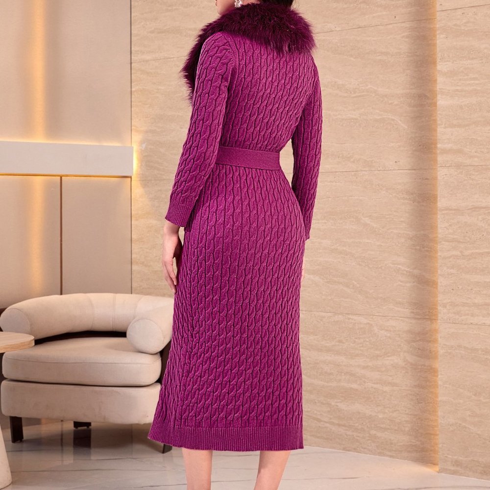 Purple Boho Womens Fuzzy Trim Belted Cardigan & Rib Knit Sweater Dress - Picture 2 of 5